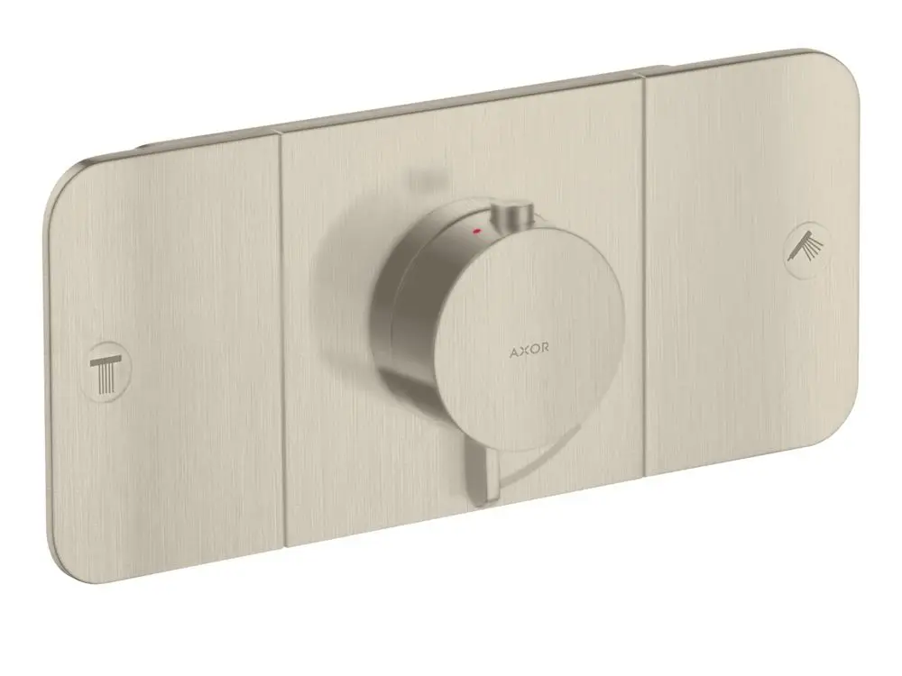 Thermostatmodul von AXOR für die Unterputzmontage, ausgestattet mit einem Drehregler für die Temperatureinstellung und zwei Symbolen für Wasserverbraucher.